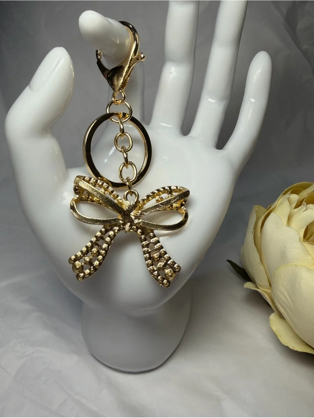 Gold Bow Crystal & Pearl Keyring Charm - Women's Accessory